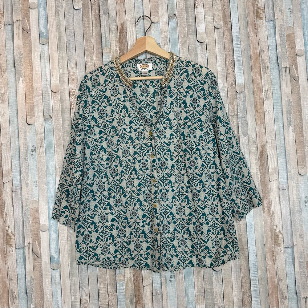 Talbots Plus 1X Teal Boho Print Beaded Top Blouse Lightweight Cotton Summer